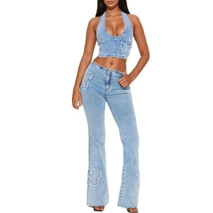 Custom New Design Women Denim Suit Sexy Deep V Crop Top Straight High Rise Flare Jeans Acid Wash Denim Jeans Women's Set