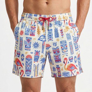 Custom Logo Flamingo Sublimation Print Men's Beach Shorts Quick Dry Drawstring Swim Trunks Elastic Waist Surf Board Shorts