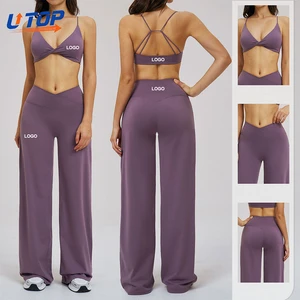 Custom Logo New Style Fitness Yoga Set for Women Breathable Cross Back Yoga Bra Cross Waist Wide-leg Pants Gym Wear Tall Women