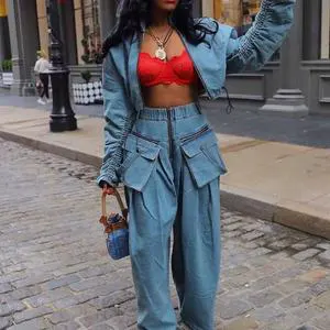 Customized Logo Women's Retro Denim Set 100% Denim Cotton Loose Button Jeans Jacket Pickled Fading Street Jeans Set