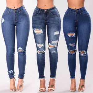 New Fashion Women's Denim Trousers Elastic Solid Color Stretch Ripped Holes Slim Skinny Pencil Pants for Summer Logo Waist