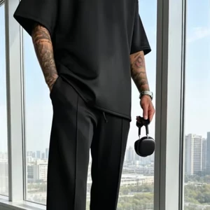 Men's Autumn Knitted Mid Rise Straight Leg Pants Midweight Breathable Anti-Pilling Elastic Casual Bottoms Urban Streetwear