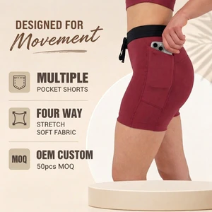 Performance Athletic Wear OEM Burgundy Compression Workout Running Shorts Women Multiple Pocket Active Shorts With Drawstring