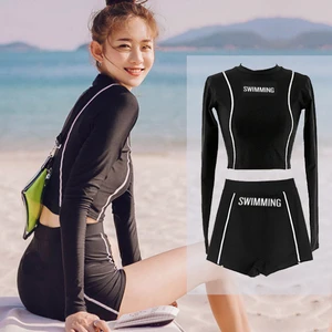 2025 Korean Trend High Waist Two-Piece Swimsuit | Modest Long Sleeve Slimming Black Swimwear Boyleg Cut Sun Protection 100%