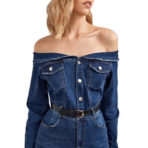 Fashion Summer Wear Hot Selling Original Jeans Washed Color Fashion Wholesales off Shoulder Women Denim Jumpsuit