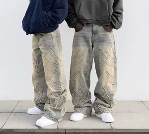 Customizable Vintage Y2K Hip Hop Jeans Raw Edge Denim Embroidery Baggy Straight Cut Mid Waist-All Seasons Fashion Winter 3D