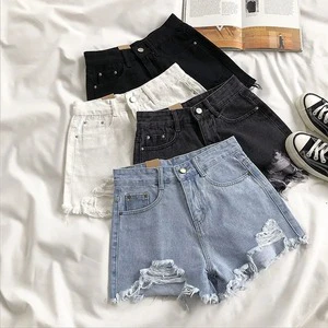 Wholesale Summer Women's Denim Shorts High Waisted Solid Color Girls' Shorts Retro Casual Comfortable Denim Shorts