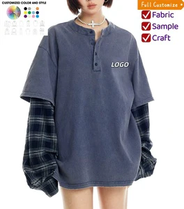 Custom Mock Layered Design Women Knitted Printed Washed Grunge T-Shirt Oversized Vintage Henley Streetwear Tee Y2K Casual Loose