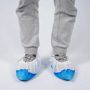 Strong Wear Resistance Disposable Plain Toe White & Blue Stitched CPE Pull-On Dustproof & Waterproof Non-slip Shoe Covers