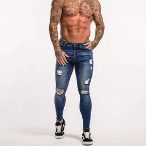 Full Length Low Waist Custom Printed Straight Casual Breathable Denim Jeans Blue Men's High Quality Knitted