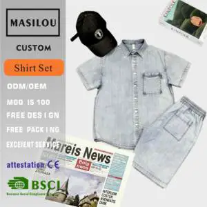 Custom Logo Accepted MASILOU 100% Cotton Breathable Men's Garment Casual Woven Knitted 400g Lightweight Summer Men Suit