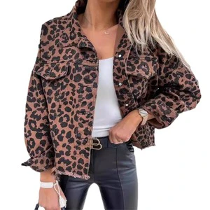 Women's Cowboy Denim Jacket Leopard Print Long Sleeves Short Casual Regular Fit Breathable Quick Dry Destroy Wash 100% Organic