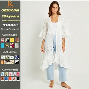 2026 New ArrivalCustom Logo Women Eyelet Embroidery 2 Ways Wear Blouse Bell Sleeve Ruffle Hem Open Boho Beach Cover Up Wholesale