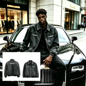 Custom Vintage Wash Quilted Studded Denim Oversized Zip up Screen Printing Black Streetwear Winter Men's Bomber Jacket