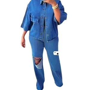 Casual Fashion Women's Denim Two-Piece Suit Large Size Spliced Shirt and Short Sleeved Loose Jeans for Summer