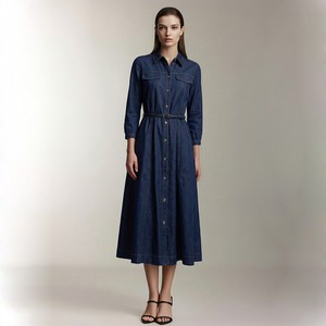 Summer Spring Fall Denim Shirt Dress For Women Formal Casual Belted Long Sleeve Button Down Knee-Length Washed Dress With Pocket