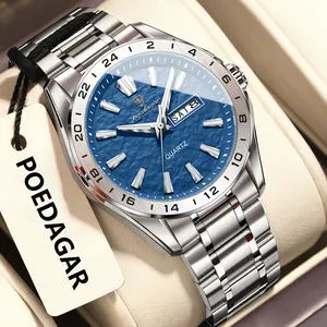 Poedagar Mens Watch Dual Calendar Waterproof Luminous Watch for Men Business Round Dial Stainless Steel Strap Men's Quartz Watch