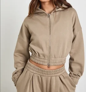 Women Cropped Zip Up Hoodie Set Elastic Waist Long Sleeve Fleece Tracksuit Casual 2 Piece Sweat Suit For Daily Wear