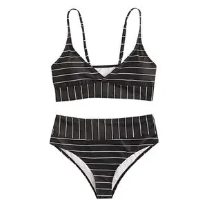 Women's High Cut 2-Piece Front Logo Breathable Printed Bikini Sets Beachwear Knitted Worsted Swimwear Paisley Striped Feathers