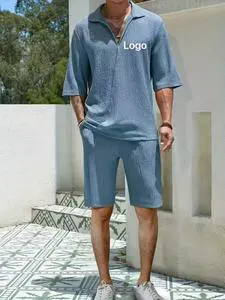 European and American Summer V-neck Solid Color Suit Men's Casual Sportswear Set
