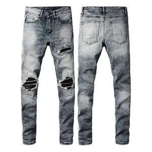 Vintage Blue Designer Pants Men's Slim Fit Washed Distressed Denim Jeans Wholesale Tapered Ripped Destroyed Damage Winter