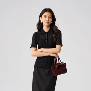 Summer Breathable Ultra-Thin Acetate Lyocell Cool Black Knitwear Lightweight Short Sleeve Pullover Knit Top