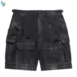 Custom Logo Multiple Cargo Pockets Solid Pattern Men's Casual Distressed Waxed Coated 100% Cotton Denim Jeans Shorts