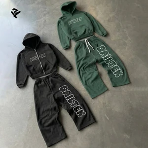 Women Cropped Hoodie and Wide Leg Pants Set Custom Logo Casual Two Piece Sweat Suit Loungewear Matching Outfit Fleece Tracksuit