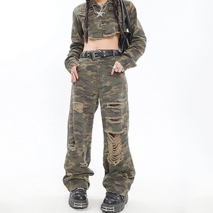 Fashion Women's Washed Camouflage Denim Short Jacket Ripped Pants Suit
