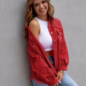 2026 Spring Fall Women's Washed Solid Color Denim Shacket Casual Distressed Vintage Ladies Jackets Outerwear