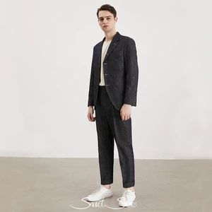 RTS/OEM Denim Unstructured Casual Suit Italian Style No Lining No Shoulder Pad Slim Fit Mens Chino Suit Set Anti Wrinkle