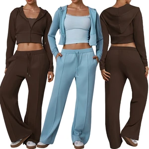 FH Solid Custom Zip Drawstring Yoga Set High Waist Wide Leg Pants Two Piece Loose Fit Breathable Four-Way Stretch Sportswear