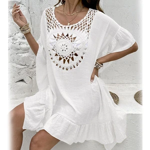 Beach Cover-Up Knitted Patchwork V-neck 100% Polyester Breathable Bikini Outerwear Floral Pattern Regular Fit 160g 1 Piece Beach