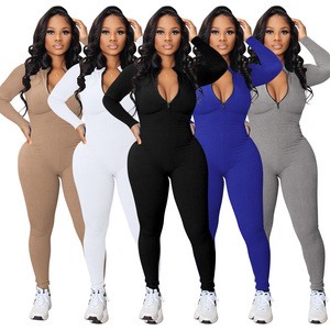 Customized Logo Fashion One Piece Zip up Plus Size Jumpsuits for Women Solid Sports Fitness Playsuits