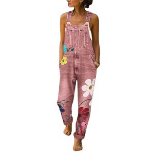 European and American Women's Denim Overalls Hot Sale Washed Printed Overalls