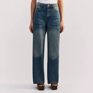 Women High Waist Wide Leg Straight Jeans Vintage Light Blue Washed Distressed Denim Pants Casual Loose Fit Trousers
