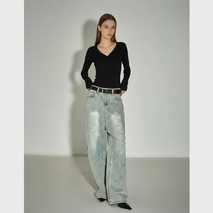 Mid Rise Women's Solid Sparkling Light Blue Straight-leg Breathable Eco-Friendly Casual Vintage Streetwear Jeans Diamonds Waist