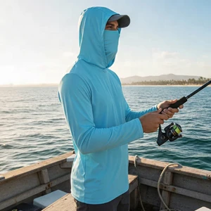 Wholesale Light Blue Ultra-soft Breathable Waterproof Plus Size UPF 50+ Quick-Dry Spandex/Polyester Fishing Hoodie Long Sleeve