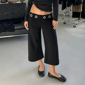 Women's Low Waist Wide Leg Breathable Quick Dry Pants Casual Loose Palazzo Trousers Metal Eyelet Detail Summer Fashion Culottes