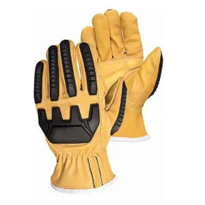 Hi Vis Cotton Lined TPR Impact Mechanic Gloves Heavy Duty Goatskin Leather Safety Gloves for Construction Oilfield Industrial
