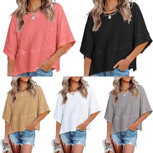 Wholesale Plus Size Women's Clothing Polyester Patchwork Solid Color Bell Sleeve Casual Loose Fit T-Shirt