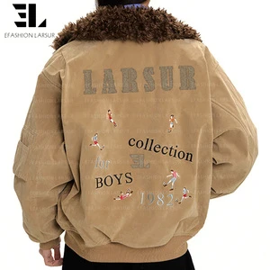 LARSUR Custom Factory Embroidered Washed Cotton Twill Bomber Jacket With Fur Collar Dtg Dgt Printed Motorcycle Denim Jean Jacket