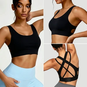 Breathable Lightweight U-Neck Yoga Bra Women Crisscross & Hollow Racerback Back Adjustable Front Logo Sports Bra Low MOQ