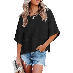 New Splicing Solid Color Flared Sleeves Casual Loose T-shirt Top Summer Lightweight and Breathable Women's Casual Clothing
