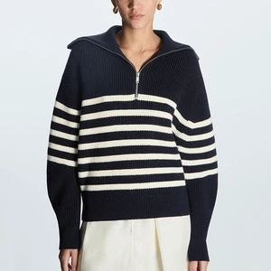Women's Casual Top for Winter Autumn New Turn-Down Collar Wool Blended Striped Knitwear Loose Fit Pullover