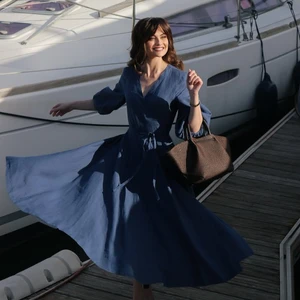 Custom Women's Blue Linen Wrap Dress Long Sleeve V Neck Tie Waist Casual Maxi Dress Summer Vacation Yacht Outfit