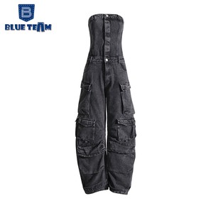 Blue Team | Custom High Quality OEM Custom Bulk Wholesale Women Ladies Jeans Jumpsuit Ripped Denim Overalls Women Jeans Pants