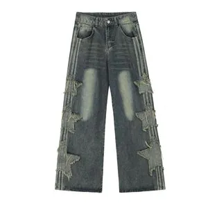 New Trendy Design Men's Plus Size Casual Jeans Frayed Patch Cotton Mid Waist Breathable Eco-Friendly Straight Leg Denim Pants