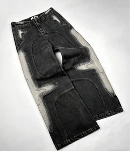MZN Customized Men's Worn-Out Washed Wide-leg Denim Pants, Deconstructed Style Streetwear Loose Denim Pants