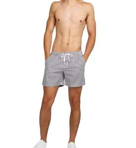 Wholesale OEM Black White Vertical Stripe Waterproof With Pockets Quick Dry Elastic Waist Swim Trunks Men's Beach Shorts